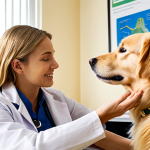 **Prompt:** A veterinary behaviorist gently interacting with a Golden Retriever during a behavioral assessment in a bright, comfortable office. The dog is relaxed and engaged, with the behaviorist offering a treat. The background includes calming visuals like nature posters and soft lighting. Focus on capturing the trust and positive interaction.