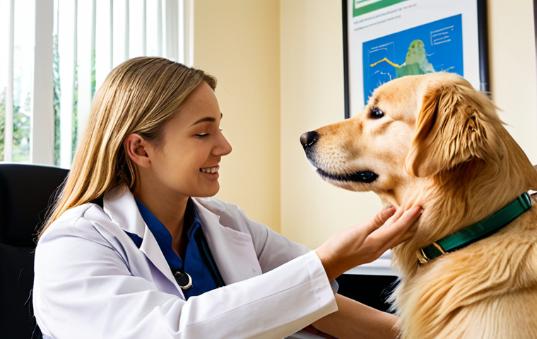 **Prompt:** A veterinary behaviorist gently interacting with a Golden Retriever during a behavioral assessment in a bright, comfortable office. The dog is relaxed and engaged, with the behaviorist offering a treat. The background includes calming visuals like nature posters and soft lighting. Focus on capturing the trust and positive interaction.