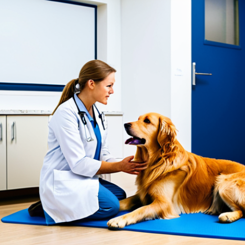 Home 6 A compassionate male veterinarian and a mature couple (pet parents) are engaged in a calm discussion in a well-lit, modern veterinary clinic consultation room. The veterinarian wears a crisp, fully clothed lab coat over professional scrubs. The pet parents are dressed in appropriate, modest casual attire. A calm, well-behaved Golden Retriever dog rests comfortably on a soft mat on the floor beside the pet parents. The veterinarian is making direct, empathetic eye contact, listening intently and occasionally nodding, demonstrating active listening. A simple, clear anatomical diagram might be visible on a small screen or whiteboard in the background, subtly indicating explanation without being the focus. The overall atmosphere conveys understanding and support. Professional studio photography, soft natural light, high detail, perfect anatomy, correct proportions, natural pose, well-formed hands, proper finger count, natural body proportions, safe for work, appropriate content, fully clothed, professional dress, family-friendly.