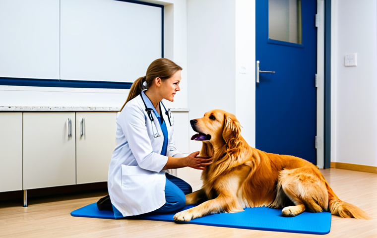 A compassionate male veterinarian and a mature couple (pet parents) are engaged in a calm discussion in a well-lit, modern veterinary clinic consultation room. The veterinarian wears a crisp, fully clothed lab coat over professional scrubs. The pet parents are dressed in appropriate, modest casual attire. A calm, well-behaved Golden Retriever dog rests comfortably on a soft mat on the floor beside the pet parents. The veterinarian is making direct, empathetic eye contact, listening intently and occasionally nodding, demonstrating active listening. A simple, clear anatomical diagram might be visible on a small screen or whiteboard in the background, subtly indicating explanation without being the focus. The overall atmosphere conveys understanding and support. Professional studio photography, soft natural light, high detail, perfect anatomy, correct proportions, natural pose, well-formed hands, proper finger count, natural body proportions, safe for work, appropriate content, fully clothed, professional dress, family-friendly.