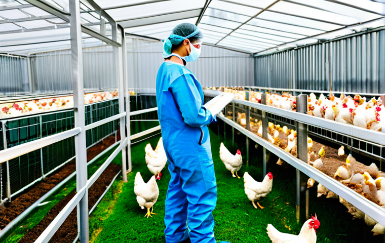Biosecurity on a Poultry Farm**

"A veterinarian in appropriate protective gear, inspecting a modern, clean poultry farm with healthy-looking chickens, fully clothed, demonstrating best-practice biosecurity measures, safe for work, appropriate content, perfect anatomy (for humans and chickens), natural proportions, professional photography, educational setting, well-lit, family-friendly."

**