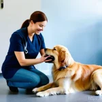 수의사로서 필요한 심리학 지식 - A compassionate female veterinarian, in her late 30s, with kind eyes and a gentle smile, is kneeling...