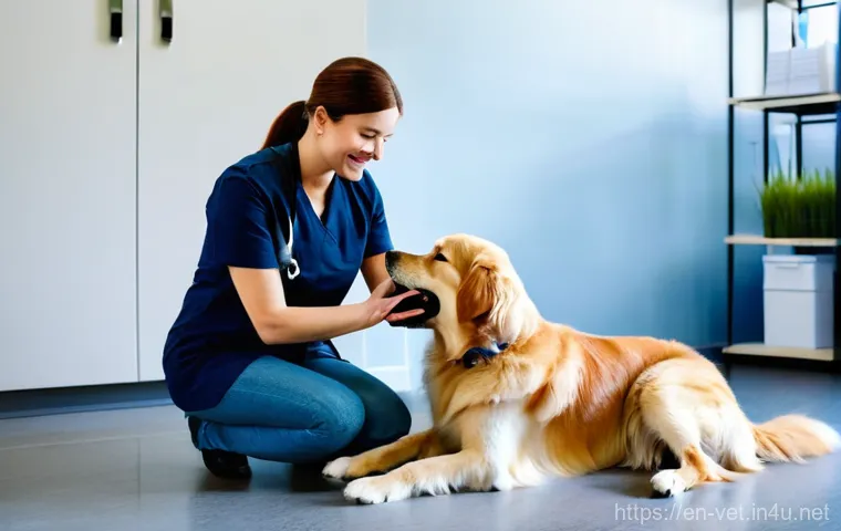 수의사로서 필요한 심리학 지식 - A compassionate female veterinarian, in her late 30s, with kind eyes and a gentle smile, is kneeling...