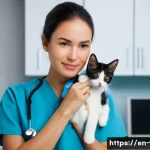 수의사 근무시간의 현실 - A deeply empathetic female veterinarian, in her early 30s, wearing neat, light blue scrubs, gently c...
