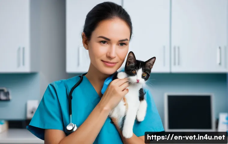 수의사 근무시간의 현실 - A deeply empathetic female veterinarian, in her early 30s, wearing neat, light blue scrubs, gently c...