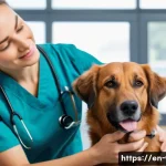 수의사로서 일하며 얻은 교훈 - A compassionate veterinarian gently examining a nervous medium-sized dog in a bright, clean clinic r...