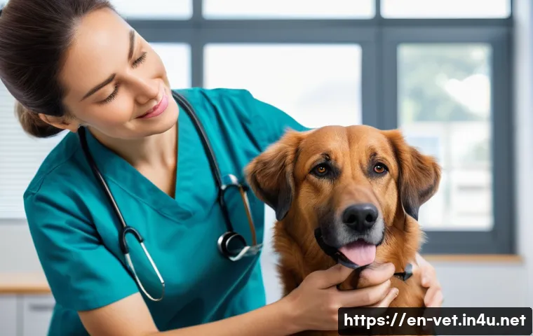 수의사로서 일하며 얻은 교훈 - A compassionate veterinarian gently examining a nervous medium-sized dog in a bright, clean clinic r...