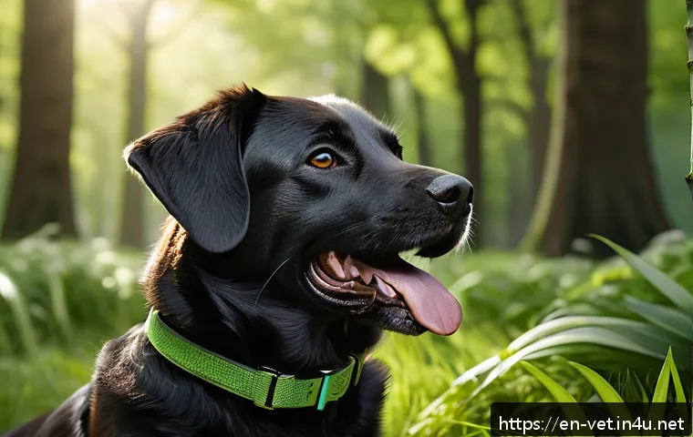 수의사가 흔히 다루는 기생충 사례 - A detailed close-up illustration of a happy dog outdoors in a lush, green park setting, showing the ...