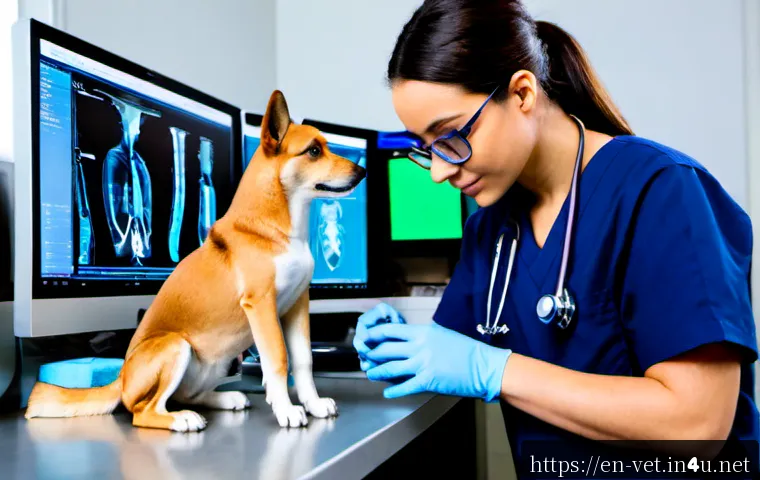 수의학 전공 심화 과목 소개 - Photorealistic advanced veterinary medicine teaching laboratory, a veterinary student in clean navy ...