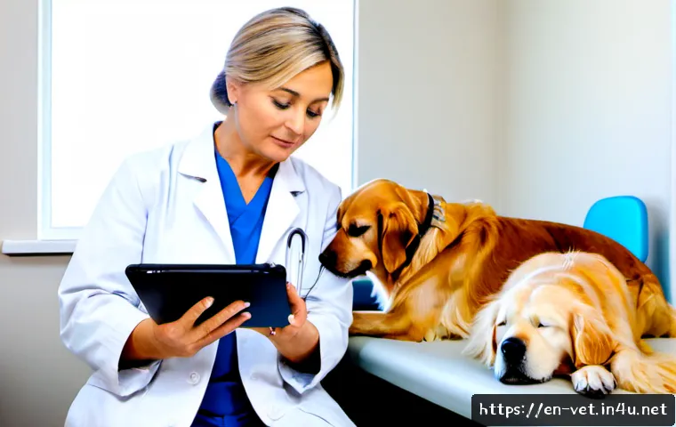 수의사가 자주 겪는 직업적 딜레마 - Photorealistic veterinary consultation showing a compassionate middle-aged veterinarian in a clean s...
