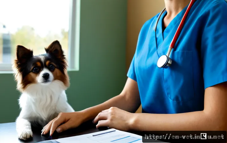 Home 17 수의사 자격증 갱신 주기와 절차 - Photorealistic veterinary clinic office, a licensed veterinarian in clean professional scrubs seated...